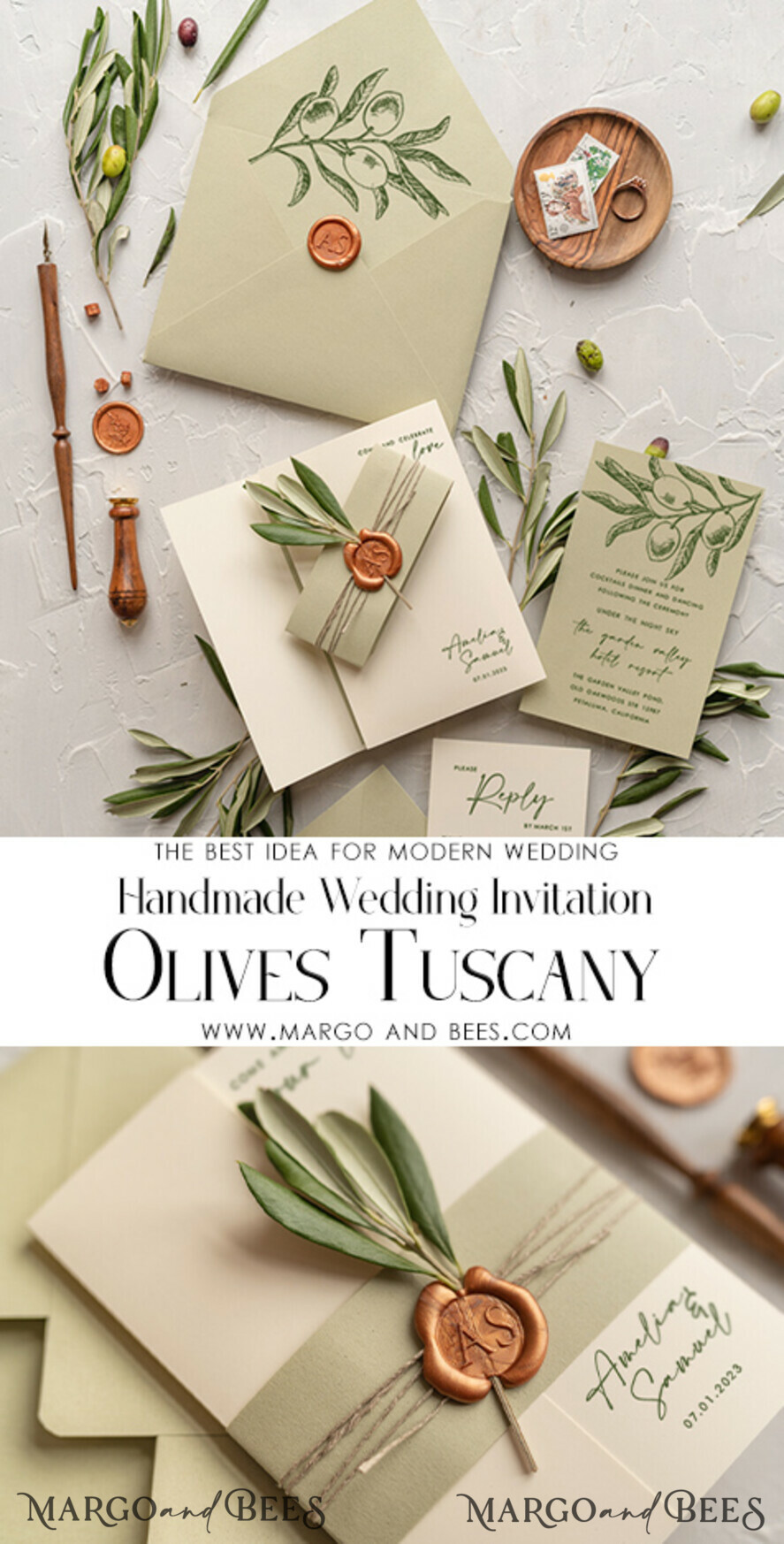 WEDDING INVITATIONS Modern Invites Floral Cards Natural Olives Wedding invitations, Elegant Simple wedding invitation Suite, Greek Wedding Stationery, Natural Olives Luxury wedding Invites wax copper
