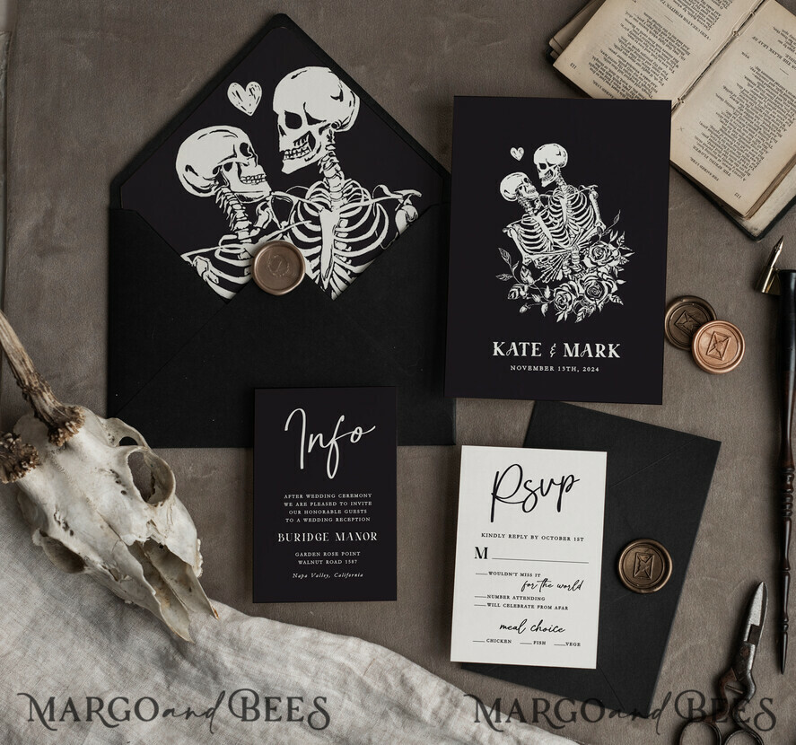 WEDDING INVITATIONS Modern Invites Floral Cards Halloween Wedding Invitations Suite, Black Invitations, Tarot Cards Invites, Gothic Wedding Invitation Cards, The Lovers Skeleton Wedding Set black