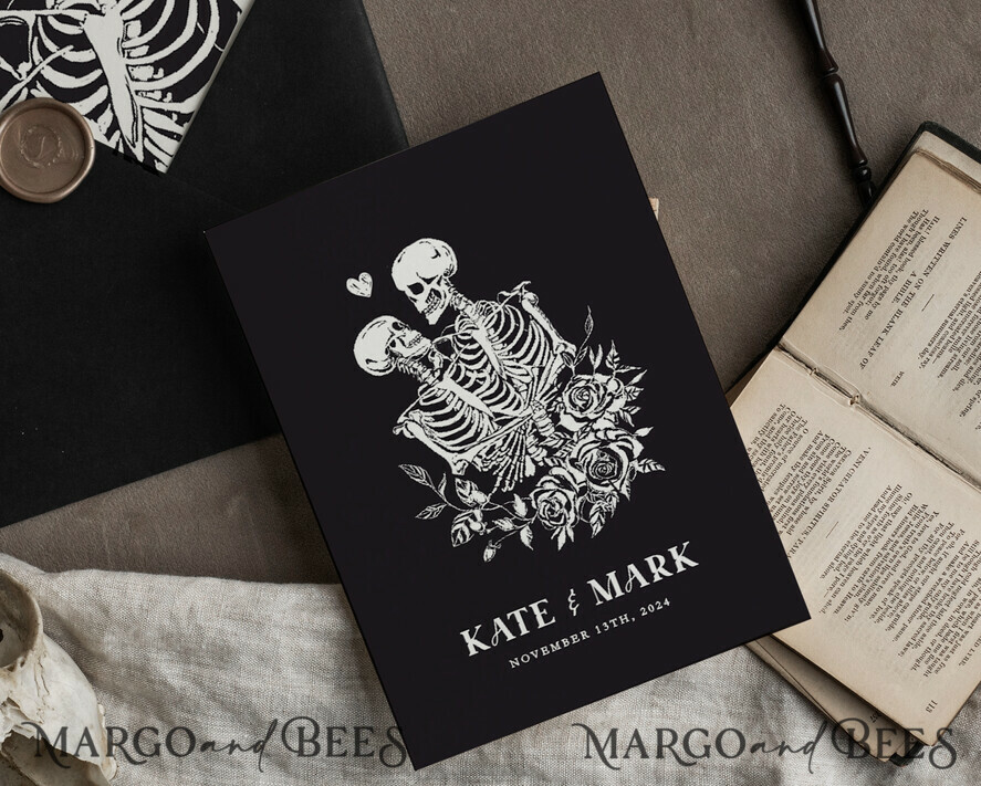 WEDDING INVITATIONS Modern Invites Floral Cards Halloween Wedding Invitations Suite, Black Invitations, Tarot Cards Invites, Gothic Wedding Invitation Cards, The Lovers Skeleton Wedding Set black