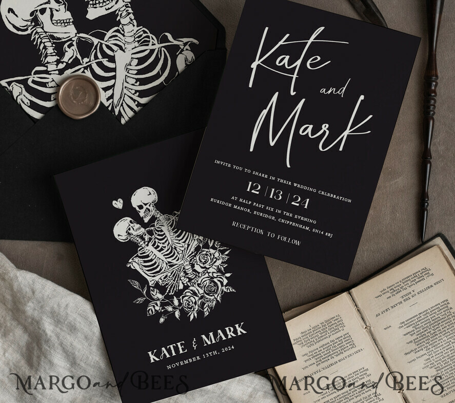 WEDDING INVITATIONS Modern Invites Floral Cards Halloween Wedding Invitations Suite, Black Invitations, Tarot Cards Invites, Gothic Wedding Invitation Cards, The Lovers Skeleton Wedding Set black