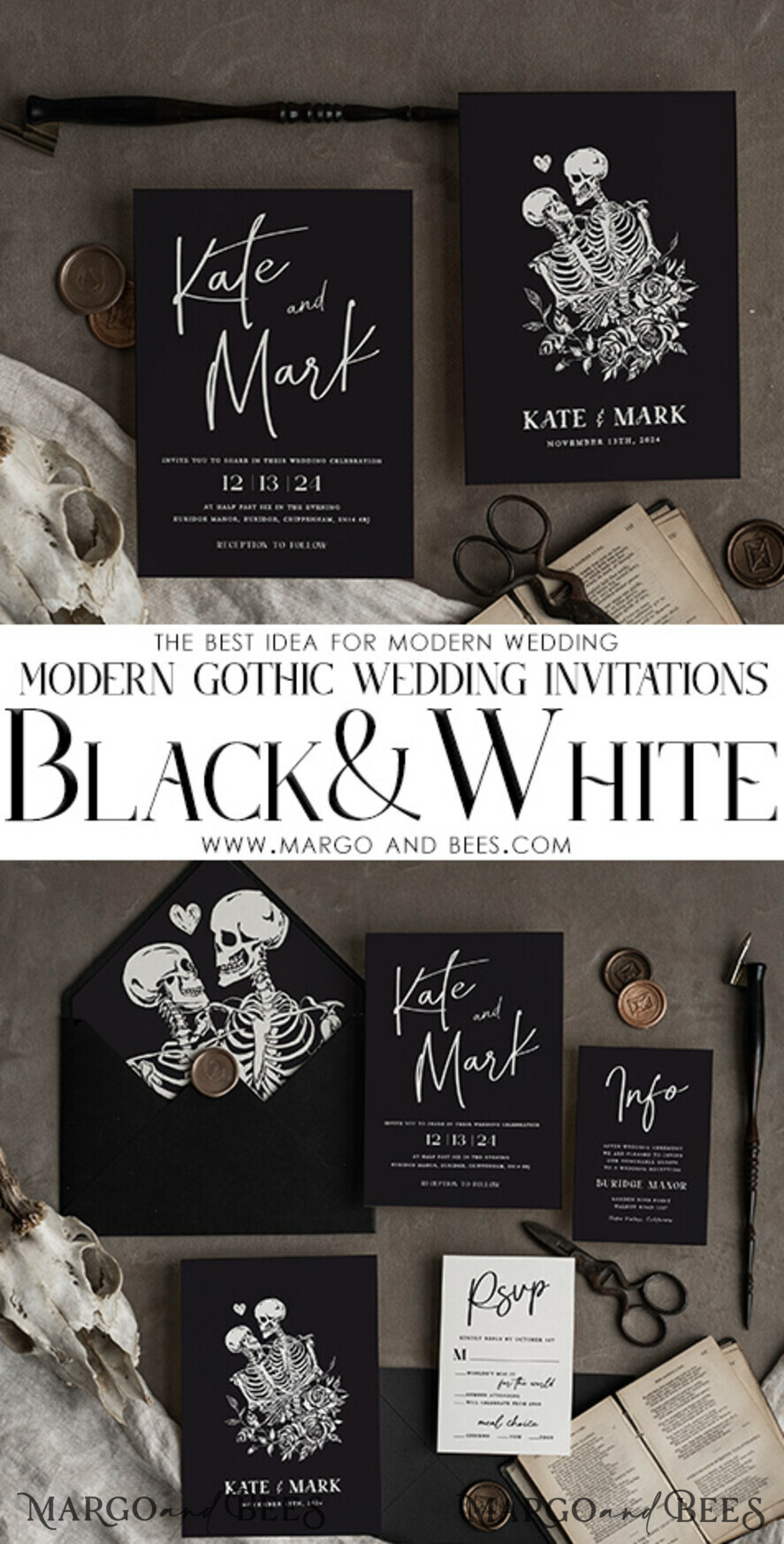 WEDDING INVITATIONS Modern Invites Floral Cards Halloween Wedding Invitations Suite, Black Invitations, Tarot Cards Invites, Gothic Wedding Invitation Cards, The Lovers Skeleton Wedding Set black
