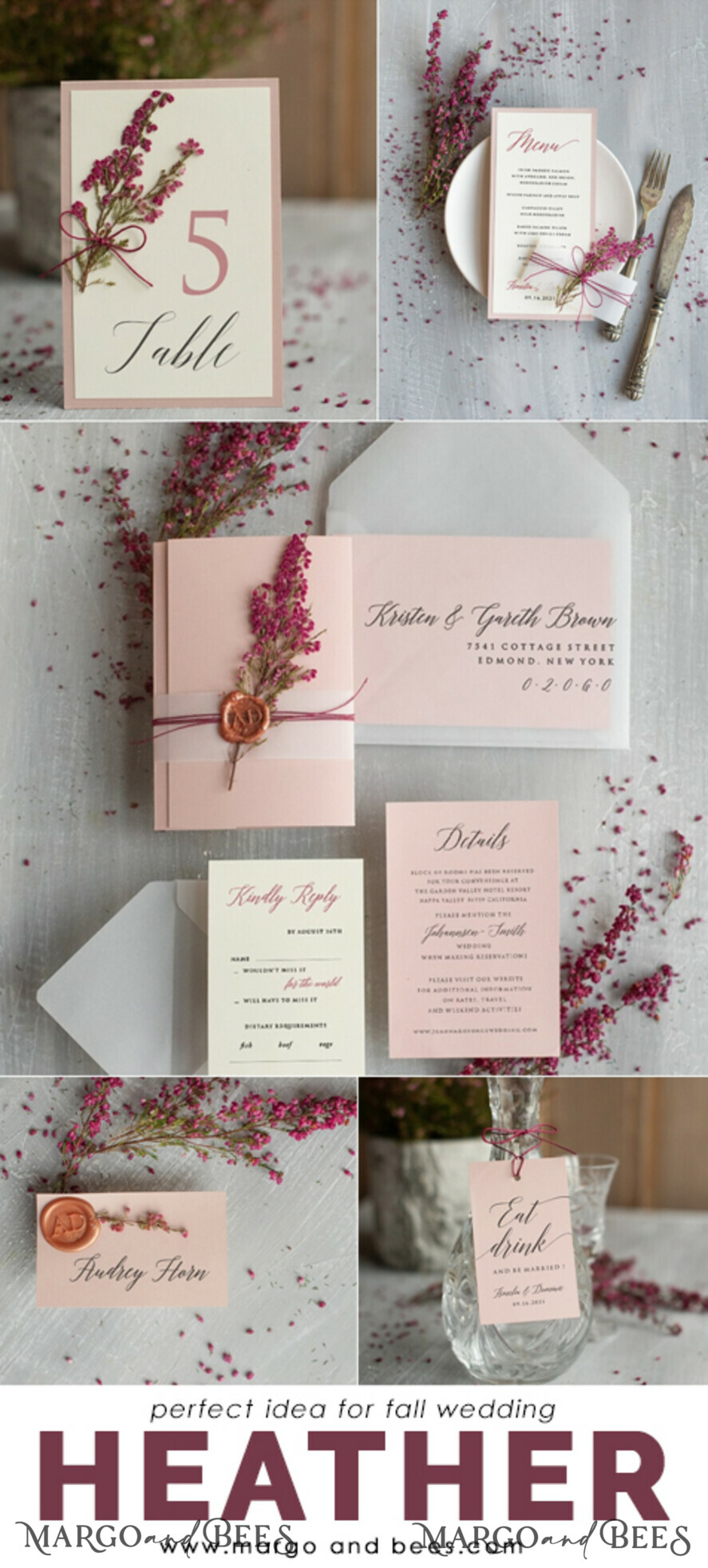 WEDDING INVITATIONS Modern Invites Floral Cards Romantic Blush Pink Wedding Invitations, Elegant Wedding Invitation Suite With Heather, Delicate Vellum Wedding Invites, Minimalistic Wedding Cards