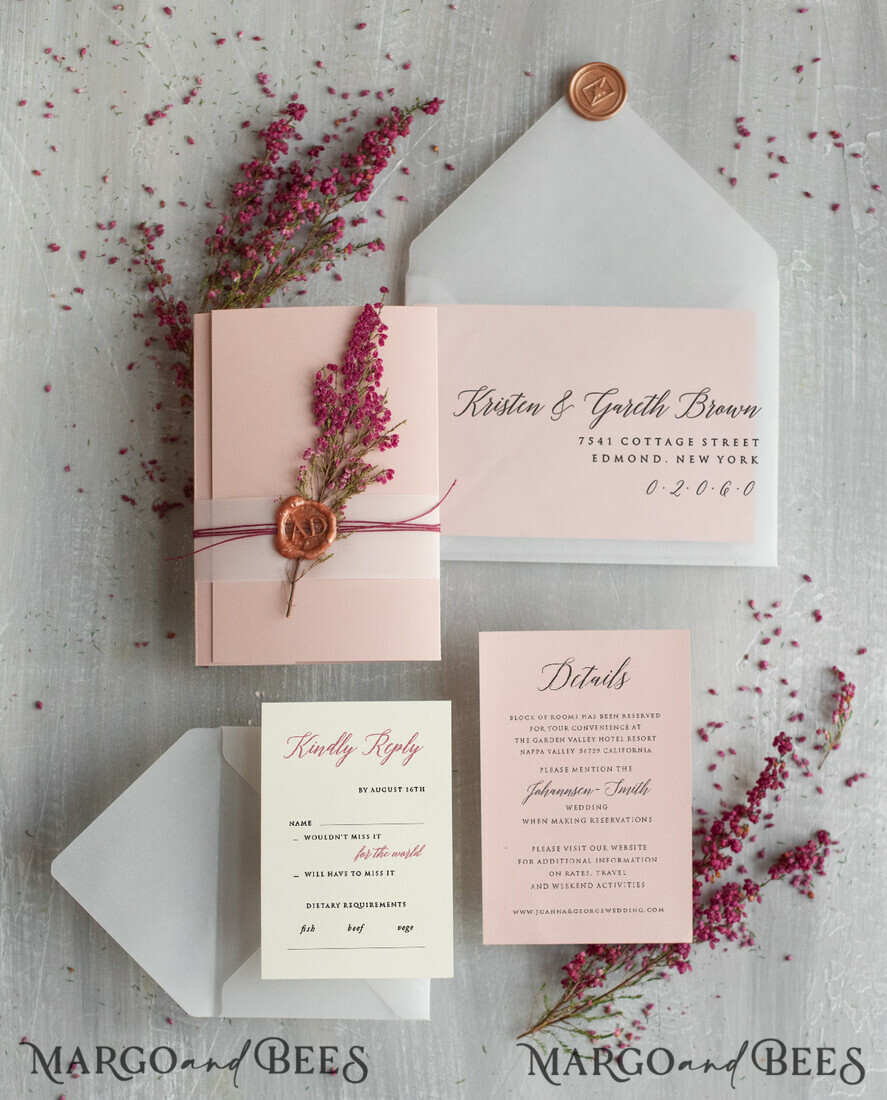 WEDDING INVITATIONS Modern Invites Floral Cards Romantic Blush Pink Wedding Invitations, Elegant Wedding Invitation Suite With Heather, Delicate Vellum Wedding Invites, Minimalistic Wedding Cards