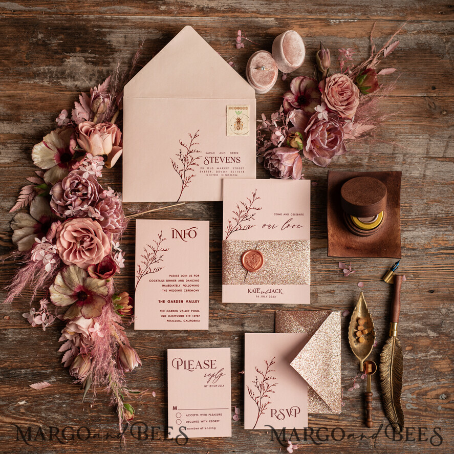 WEDDING INVITATIONS Modern Invites Floral Cards Rose Gold Glitter wedding invitations, Blush Pink wedding invitation Suite • Luxury Wedding Invitation Suite • Minimalistic wedding Stationery