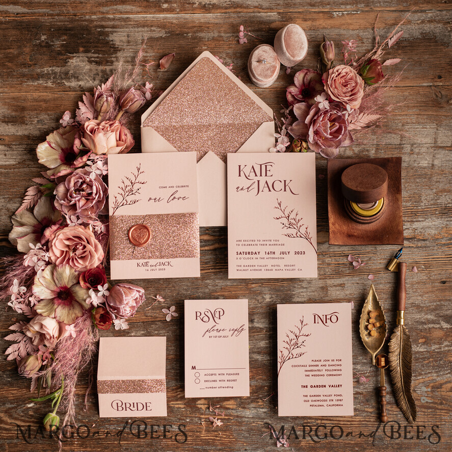 WEDDING INVITATIONS Modern Invites Floral Cards Rose Gold Glitter wedding invitations, Blush Pink wedding invitation Suite • Luxury Wedding Invitation Suite • Minimalistic wedding Stationery