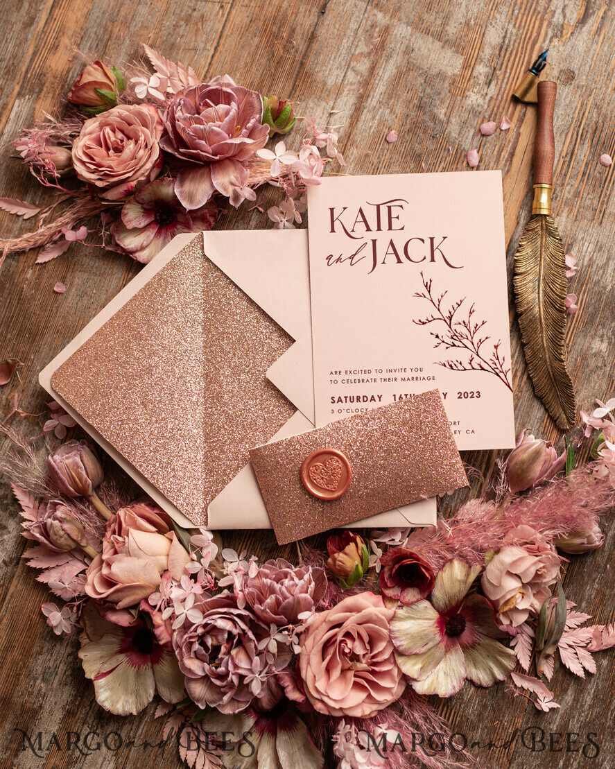 WEDDING INVITATIONS Modern Invites Floral Cards Rose Gold Glitter wedding invitations, Blush Pink wedding invitation Suite • Luxury Wedding Invitation Suite • Minimalistic wedding Stationery