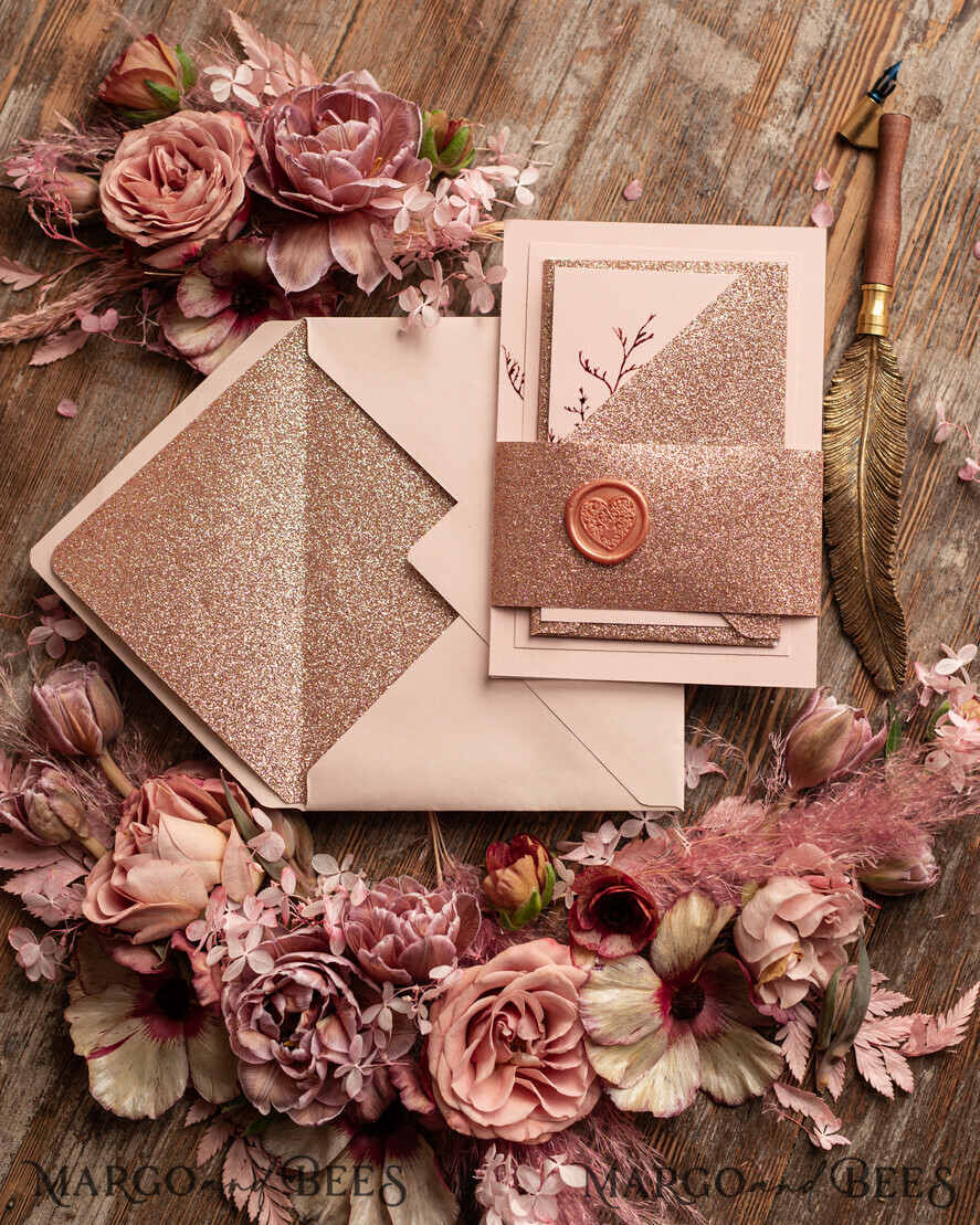 WEDDING INVITATIONS Modern Invites Floral Cards Rose Gold Glitter wedding invitations, Blush Pink wedding invitation Suite • Luxury Wedding Invitation Suite • Minimalistic wedding Stationery
