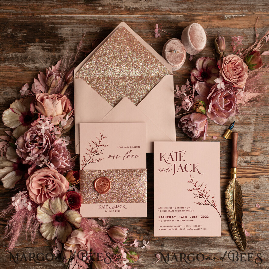 WEDDING INVITATIONS Modern Invites Floral Cards Rose Gold Glitter wedding invitations, Blush Pink wedding invitation Suite • Luxury Wedding Invitation Suite • Minimalistic wedding Stationery