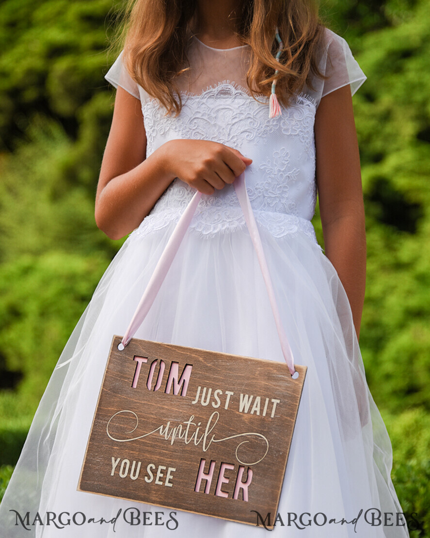 FLOWER GIRL / Page Boy SIGNS rustic Personalised wood wedding sign, Wooden Page boy sign, Wood Engraved flower girl sign, flower girl wedding day sign, rustic wedding decor for flower girl, daddy here comes mummy, here comes the bride