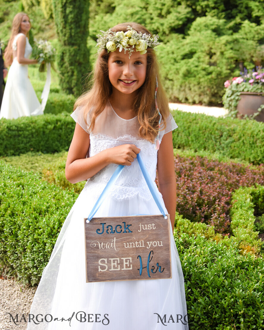 FLOWER GIRL / Page Boy SIGNS rustic Just wait until you see her Personalised wood wedding sign, Wooden Page boy sign, Wood Engraved flower girl sign, flower girl wedding day sign, rustic wedding decor for flower girl, daddy here comes mummy, here comes the bride