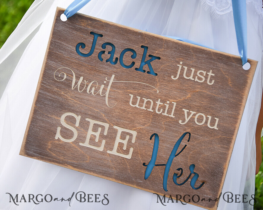 FLOWER GIRL / Page Boy SIGNS rustic Just wait until you see her Personalised wood wedding sign, Wooden Page boy sign, Wood Engraved flower girl sign, flower girl wedding day sign, rustic wedding decor for flower girl, daddy here comes mummy, here comes the bride