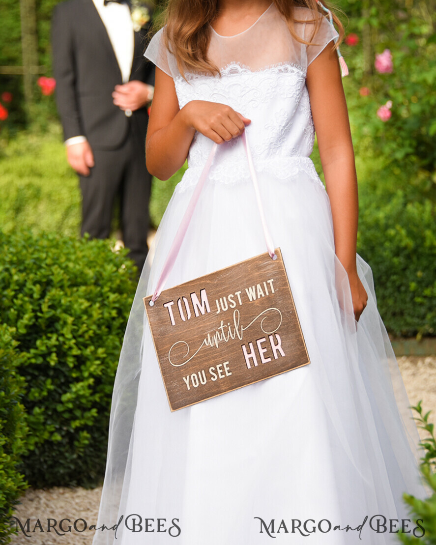 FLOWER GIRL / Page Boy SIGNS rustic Personalised wood wedding sign, Wooden Page boy sign, Wood Engraved flower girl sign, flower girl wedding day sign, rustic wedding decor for flower girl, daddy here comes mummy, here comes the bride