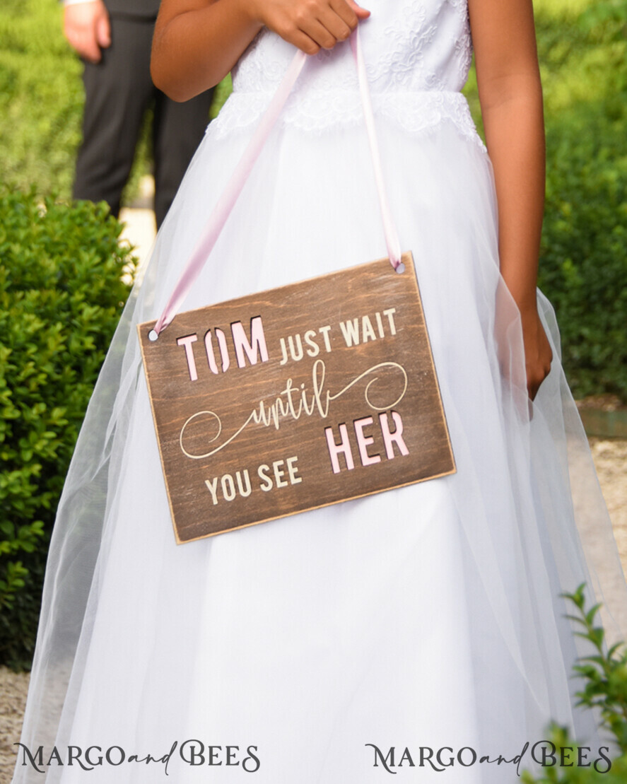 FLOWER GIRL / Page Boy SIGNS rustic Personalised wood wedding sign, Wooden Page boy sign, Wood Engraved flower girl sign, flower girl wedding day sign, rustic wedding decor for flower girl, daddy here comes mummy, here comes the bride