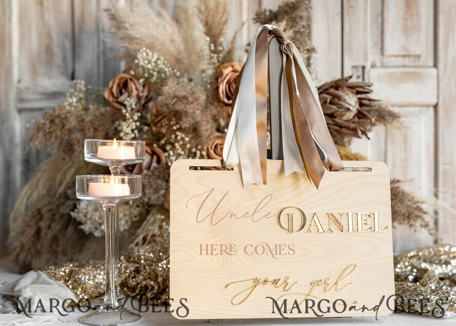 FLOWER GIRL / Page Boy SIGNS rustic Personalised rustic and gold wood wedding sign, Wooden Page boy sign, Wood boho flower girl sign, flower girl wedding day sign, rustic wedding decor for flower girl, here comes the bride
