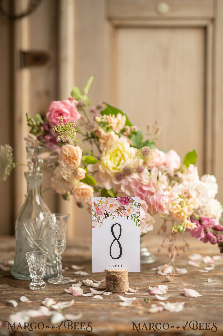 TABLE DECOR SIGNS watercolor Rustic Floral Wedding Table Cards, Table Numbers with wood stand, Wedding Signage, Romantic Wedding Table Numbers, Editable Text, Minimalist Floral Table Signs