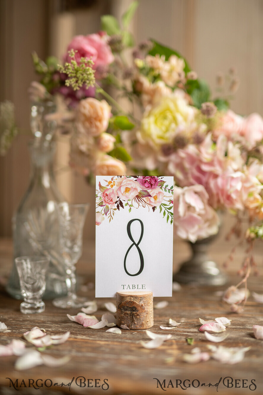 TABLE DECOR SIGNS watercolor Rustic Floral Wedding Table Cards, Table Numbers with wood stand, Wedding Signage, Romantic Wedding Table Numbers, Editable Text, Minimalist Floral Table Signs