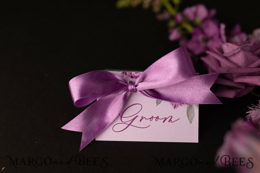 PLACE CARDS / TABLE CARDS Romantic Boho/ Botanical/ Floral Elegant Wedding Place Cards With Purple Ribbon, Glamour Purple Name Tags with Purple Ribbon, Lilac Wedding Table Decor, Botanical Wedding Table Place Cards