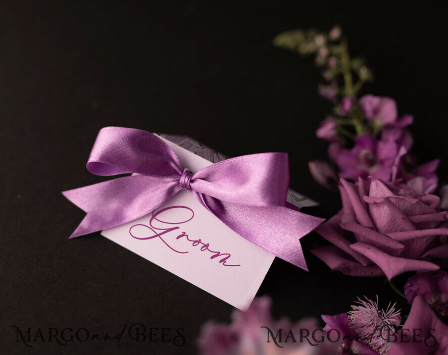 PLACE CARDS / TABLE CARDS Romantic Boho/ Botanical/ Floral Elegant Wedding Place Cards With Purple Ribbon, Glamour Purple Name Tags with Purple Ribbon, Lilac Wedding Table Decor, Botanical Wedding Table Place Cards