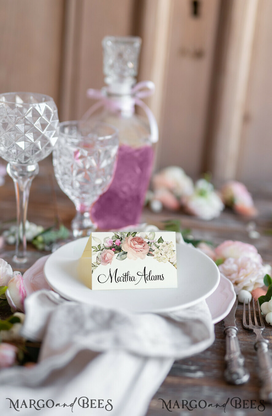 PLACE CARDS / TABLE CARDS Romantic Boho/ Botanical/ Floral White Elegant Table Place Cards, Floral Name Tags, Romantic Wedding Place Cards, Pink Flowers Design Custom Wording Name Tags, Botanical Rose Table Place Cards