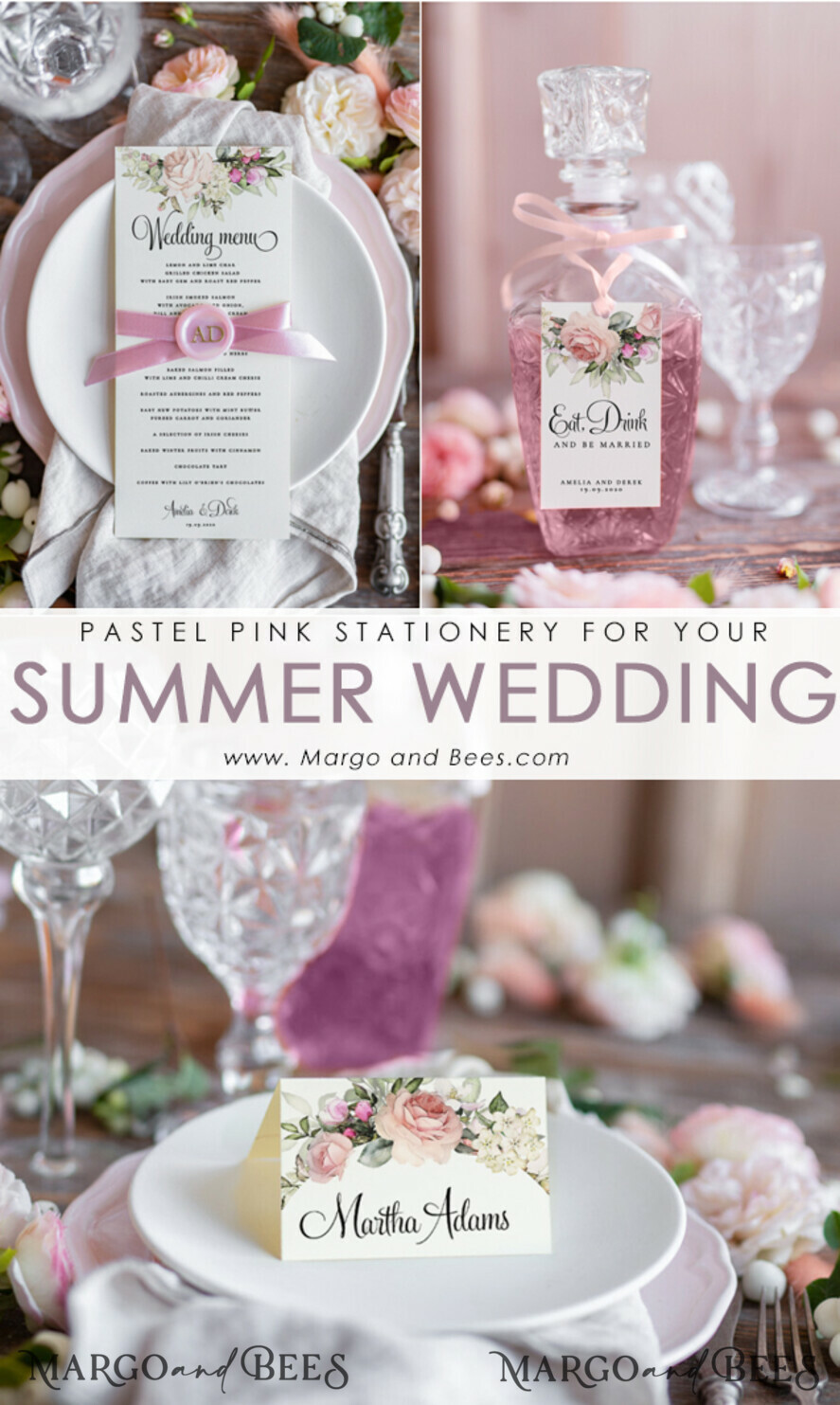 PLACE CARDS / TABLE CARDS Romantic Boho/ Botanical/ Floral White Elegant Table Place Cards, Floral Name Tags, Romantic Wedding Place Cards, Pink Flowers Design Custom Wording Name Tags, Botanical Rose Table Place Cards