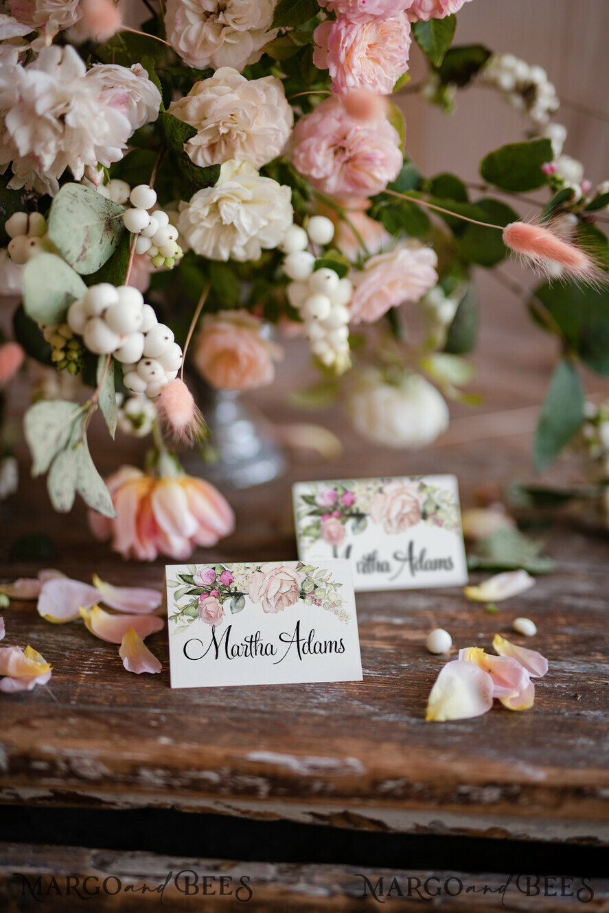PLACE CARDS / TABLE CARDS Romantic Boho/ Botanical/ Floral White Elegant Table Place Cards, Floral Name Tags, Romantic Wedding Place Cards, Pink Flowers Design Custom Wording Name Tags, Botanical Rose Table Place Cards