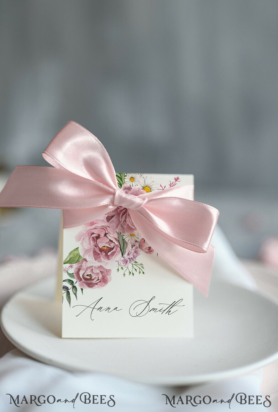 PLACE CARDS / TABLE CARDS Romantic Boho/ Botanical/ Floral Romantic Ivory Floral Wedding Table Place Cards with Pink Ribbon, Modern Elegant Botanical Place Cards, Glamour Table Cards, Gorgeous Floral Wedding Name Tags