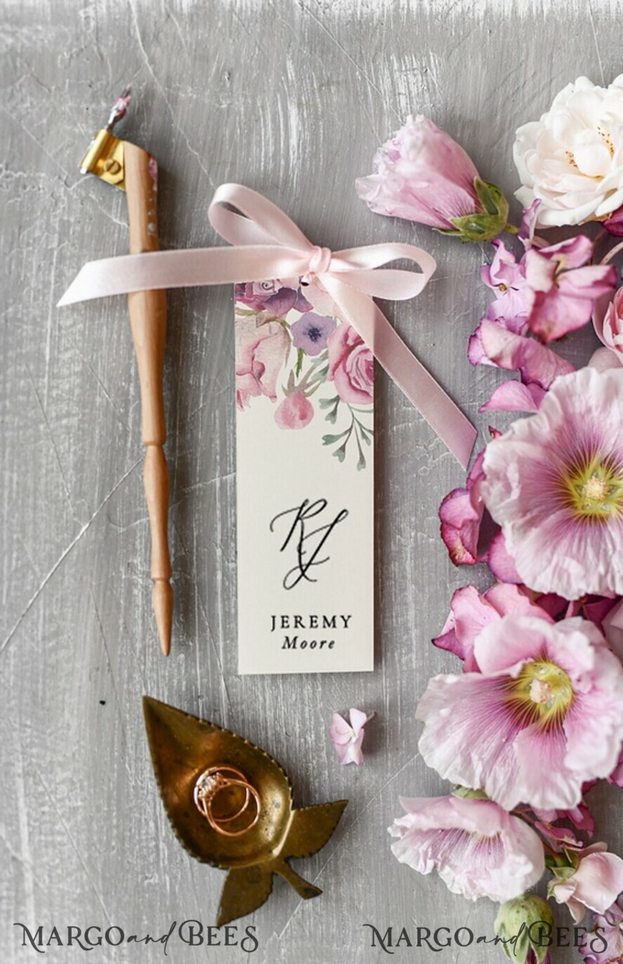 PLACE CARDS / TABLE CARDS Romantic Boho/ Botanical/ Floral Floral wedding Place Cards with Pink Ribbon, Elegant Wedding Place Cards, Botanical Wedding Name Tags, Romantic Wedding Table Decor, Delicate Wedding Cards