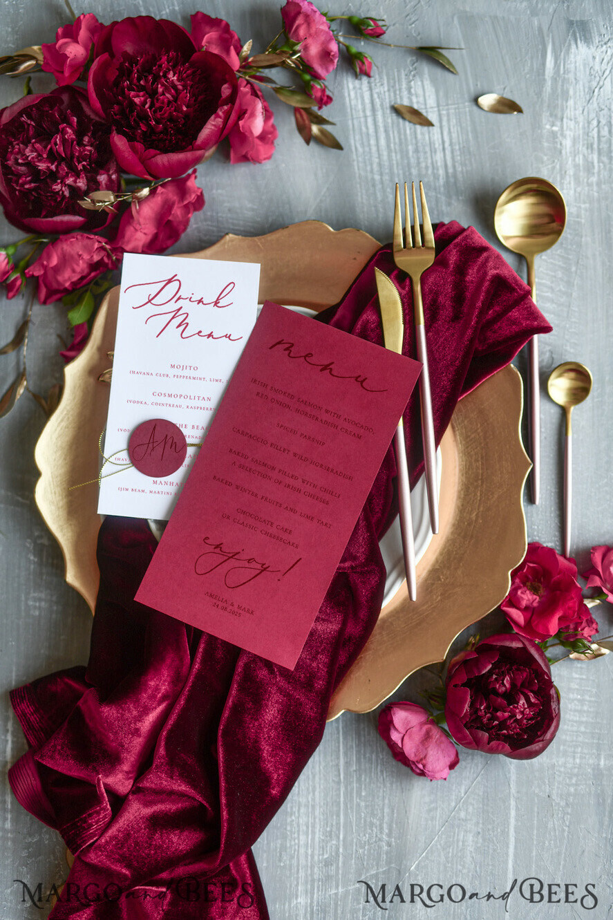 MENU & PROGRAMS romantic Romantic Red And White Wedding Menu, Elegant Handmade Minimalistic Wedding Menu Cards With Monogram Tag and Twine, Luxury Burgundy Wedding Dinner Menu Cards