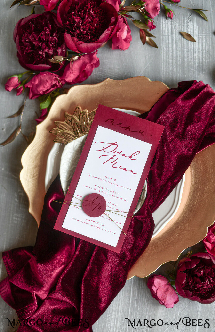 MENU & PROGRAMS romantic Romantic Red And White Wedding Menu, Elegant Handmade Minimalistic Wedding Menu Cards With Monogram Tag and Twine, Luxury Burgundy Wedding Dinner Menu Cards