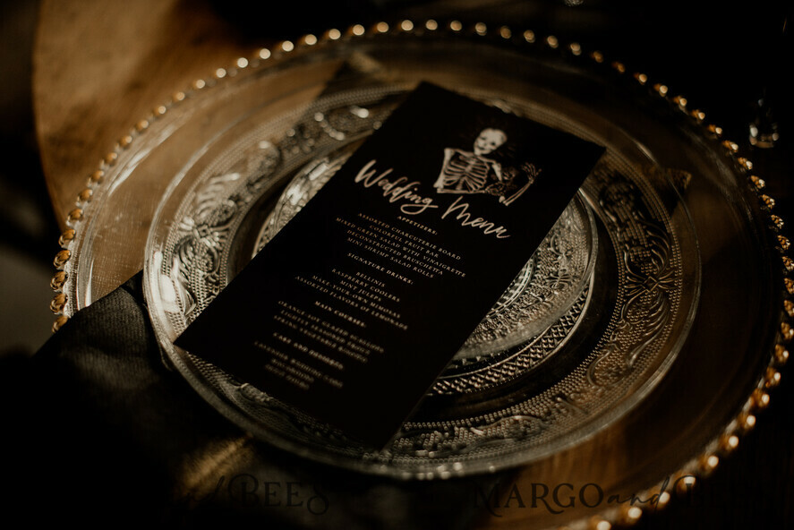 MENU & PROGRAMS romantic Halloween Skeleton Wedding Menu, Black Wedding Stationery, Hnadmade Spooky Halloween Menu Cards, Custom Gothic Wedding Menu, Unique Black & White Skeleton Menu