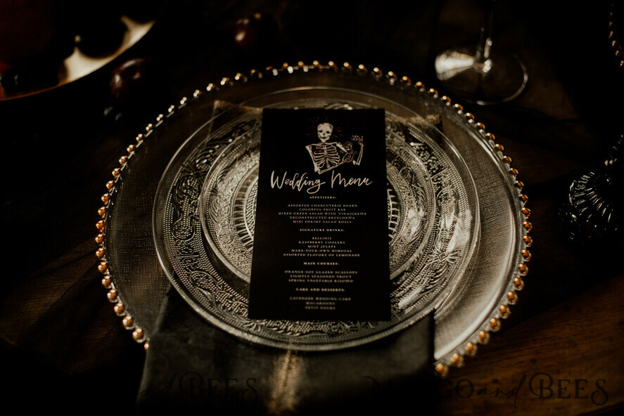 MENU & PROGRAMS romantic Halloween Skeleton Wedding Menu, Black Wedding Stationery, Hnadmade Spooky Halloween Menu Cards, Custom Gothic Wedding Menu, Unique Black & White Skeleton Menu