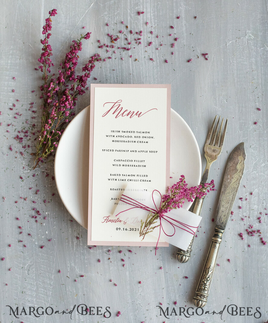 MENU & PROGRAMS romantic Romantic Ecru And Blush Pink Wedding Menu, Elegant Dinner Menu With Heather, Delicate Floral Boho Menu With Vellum And Twine, Unique Minimalistic Wedding Menu