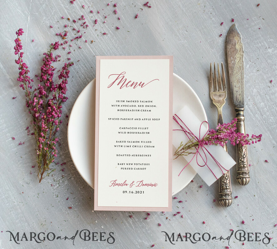 MENU & PROGRAMS romantic Romantic Ecru And Blush Pink Wedding Menu, Elegant Dinner Menu With Heather, Delicate Floral Boho Menu With Vellum And Twine, Unique Minimalistic Wedding Menu