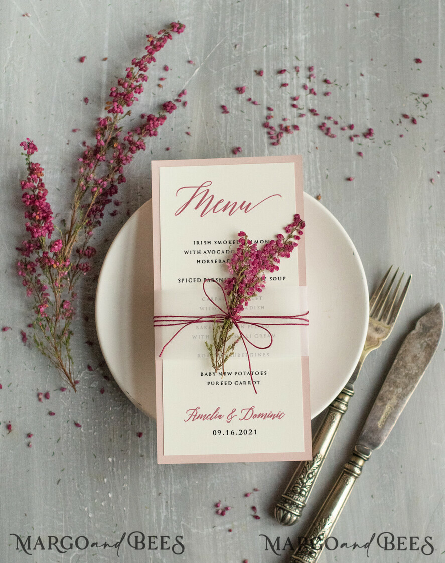 MENU & PROGRAMS romantic Romantic Ecru And Blush Pink Wedding Menu, Elegant Dinner Menu With Heather, Delicate Floral Boho Menu With Vellum And Twine, Unique Minimalistic Wedding Menu