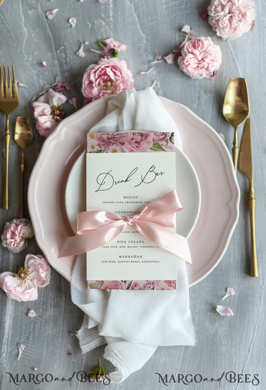 MENU & PROGRAMS romantic Chic Blush Pink And Ivory Wedding Menu, Boho Floral Wedding Menu Cards With Pink Ribbon, Romantic Pastel Wedding Dinner Menu, Simple Peony Handmade Wedding Menu