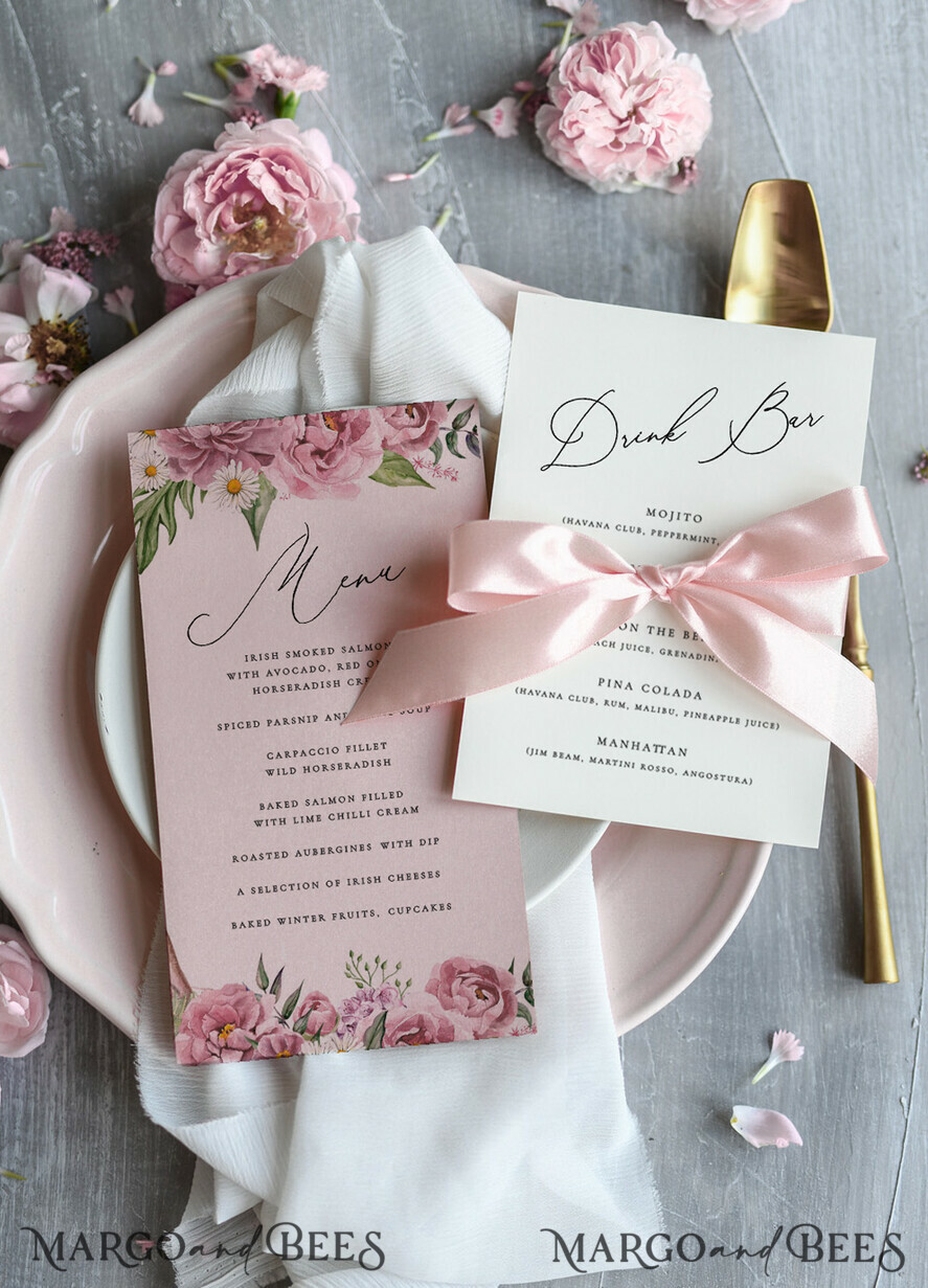 MENU & PROGRAMS romantic Chic Blush Pink And Ivory Wedding Menu, Boho Floral Wedding Menu Cards With Pink Ribbon, Romantic Pastel Wedding Dinner Menu, Simple Peony Handmade Wedding Menu