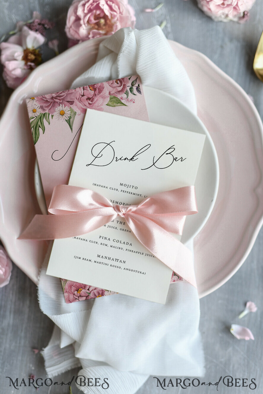 MENU & PROGRAMS romantic Chic Blush Pink And Ivory Wedding Menu, Boho Floral Wedding Menu Cards With Pink Ribbon, Romantic Pastel Wedding Dinner Menu, Simple Peony Handmade Wedding Menu