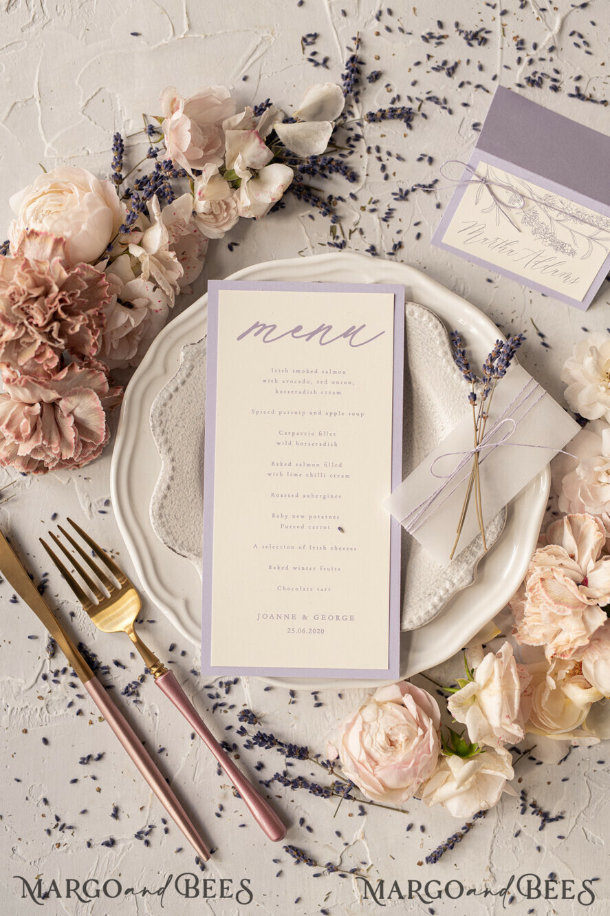 MENU & PROGRAMS romantic Delicate Handmade Lilac Wedding Menu, Elegant Wedding Menus With Lavender, Minimalistic Purple Wedding Menu Cards With Vellum, Modern Dinner Card for Wedding