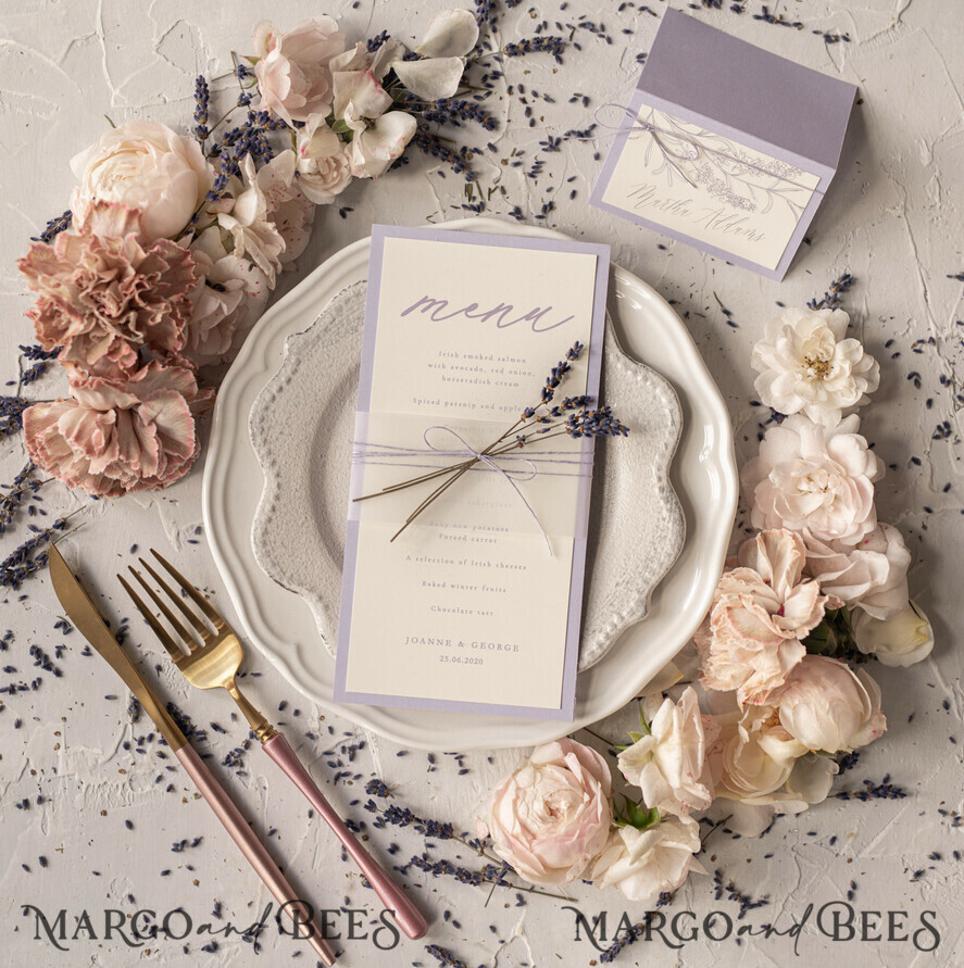 MENU & PROGRAMS romantic Delicate Handmade Lilac Wedding Menu, Elegant Wedding Menus With Lavender, Minimalistic Purple Wedding Menu Cards With Vellum, Modern Dinner Card for Wedding