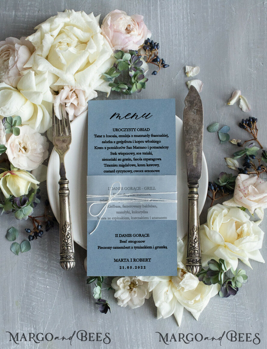 MENU & PROGRAMS romantic Elegant Handmade Dusty Blue Wedding Menu, Chic Modern Dinner Menu Cards with Vellum Belly Band and Twine, Delicate Minimalistic Wedding Menu, Simple Modern Menu