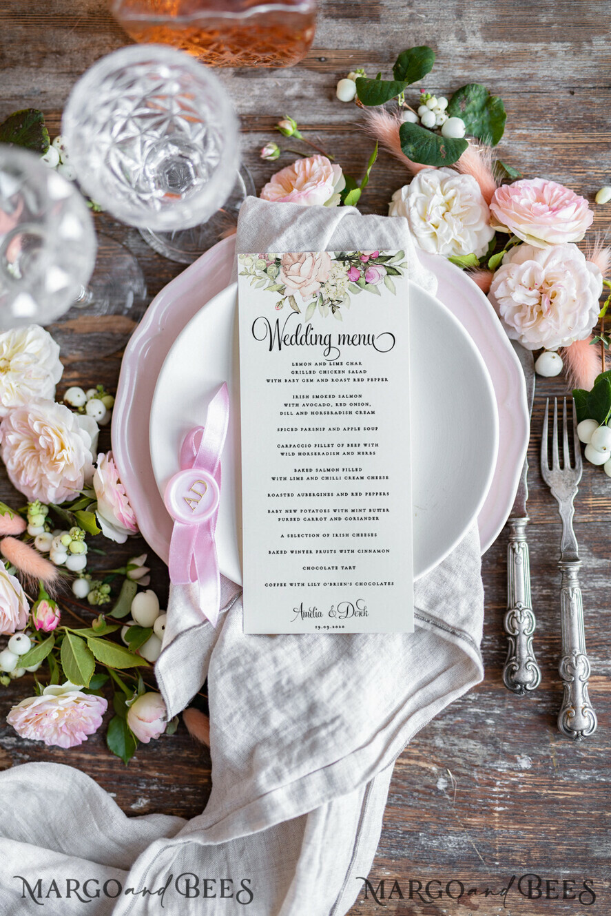 MENU & PROGRAMS romantic Elegant Custom Ivory Wedding Menus, Floral Boho Wedding Menu Cards, Rose Dinner Menu with Pink Ribbon And Initial Wax Seal, Bohemian Wedding Table Menu Cards
