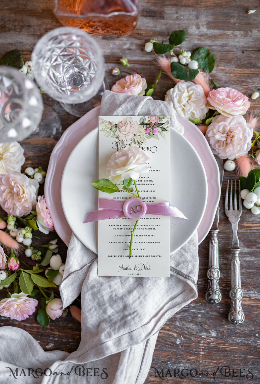 MENU & PROGRAMS romantic Elegant Custom Ivory Wedding Menus, Floral Boho Wedding Menu Cards, Rose Dinner Menu with Pink Ribbon And Initial Wax Seal, Bohemian Wedding Table Menu Cards