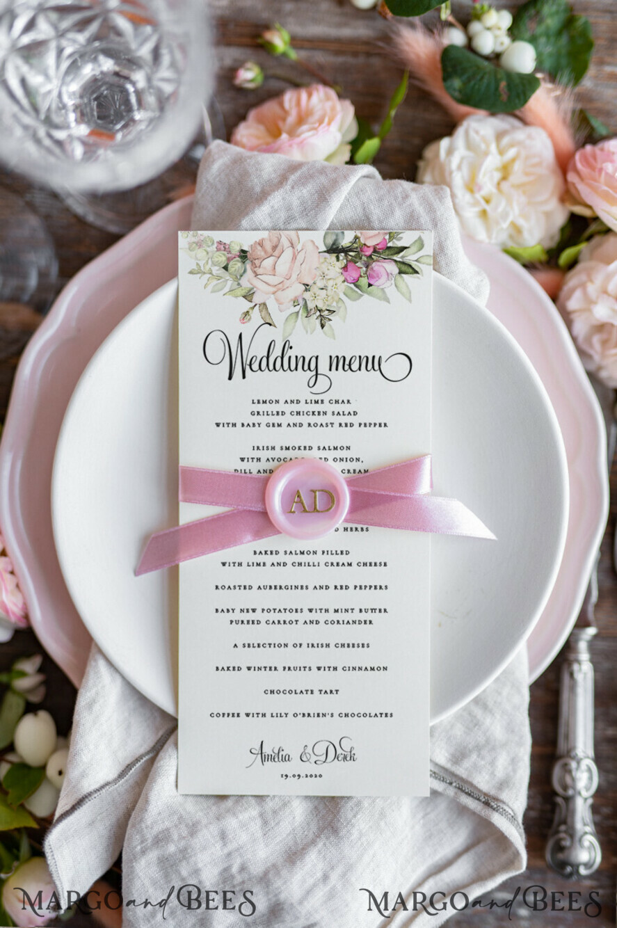 MENU & PROGRAMS romantic Elegant Custom Ivory Wedding Menus, Floral Boho Wedding Menu Cards, Rose Dinner Menu with Pink Ribbon And Initial Wax Seal, Bohemian Wedding Table Menu Cards