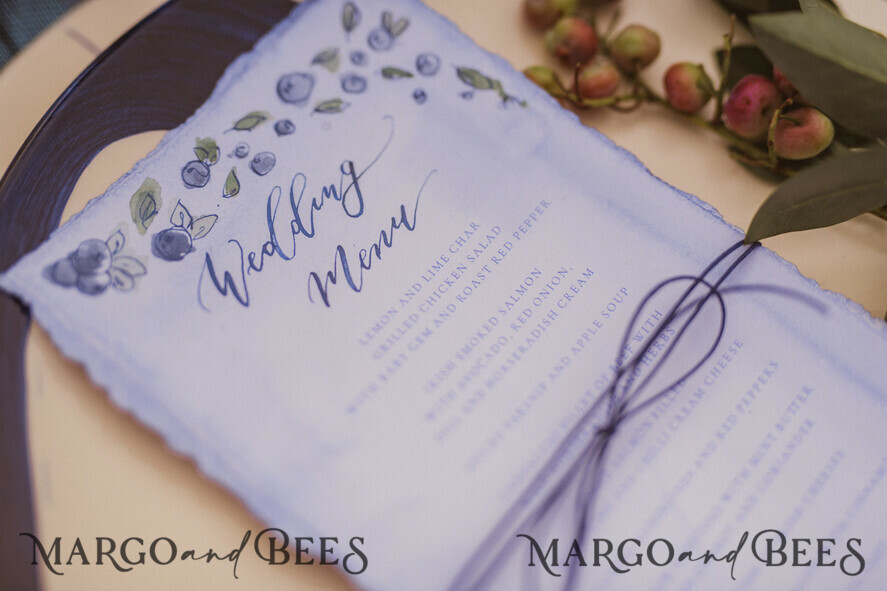 MENU & PROGRAMS romantic Blueberry Wedding Menu, Floral Blue Wedding Menu, Watercolor Blueberries Menu Card, Chic Minimalistic Blueberry and Foliage Wedding Menu, Cute Blueberry Menu