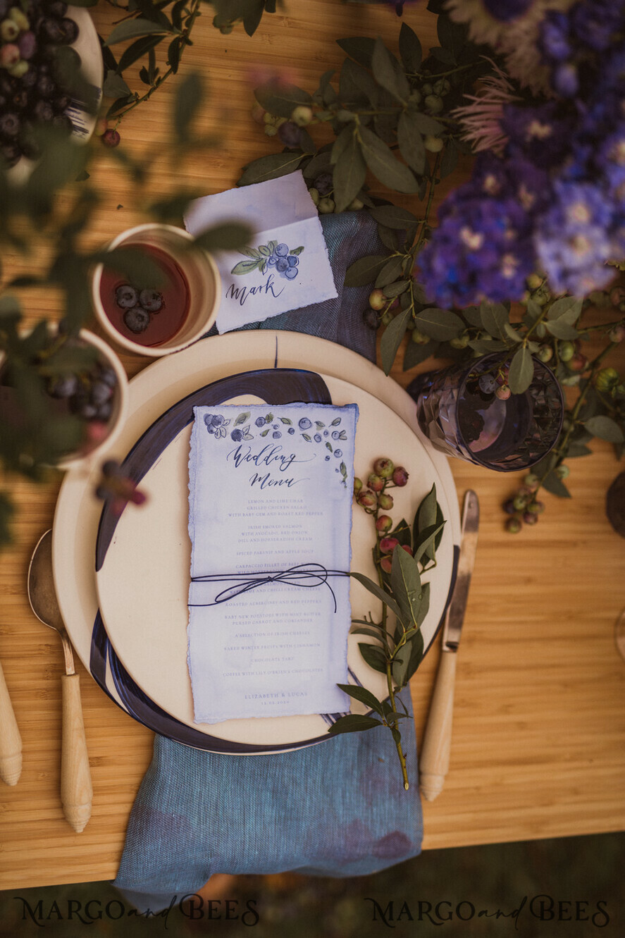 MENU & PROGRAMS romantic Blueberry Wedding Menu, Floral Blue Wedding Menu, Watercolor Blueberries Menu Card, Chic Minimalistic Blueberry and Foliage Wedding Menu, Cute Blueberry Menu