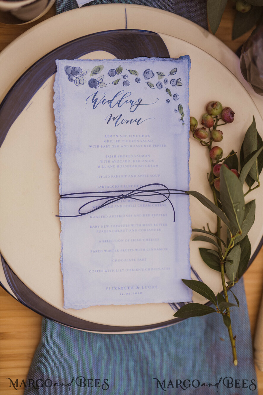 MENU & PROGRAMS romantic Blueberry Wedding Menu, Floral Blue Wedding Menu, Watercolor Blueberries Menu Card, Chic Minimalistic Blueberry and Foliage Wedding Menu, Cute Blueberry Menu