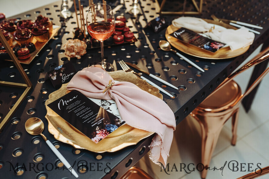 MENU & PROGRAMS romantic Minimalist Black Wedding Menu, Custom Bohemian Reception Dinner Menu, Romantic Floral Menu, Elegant Black Wedding Menu, Black and White Menu, Modern Black Menu