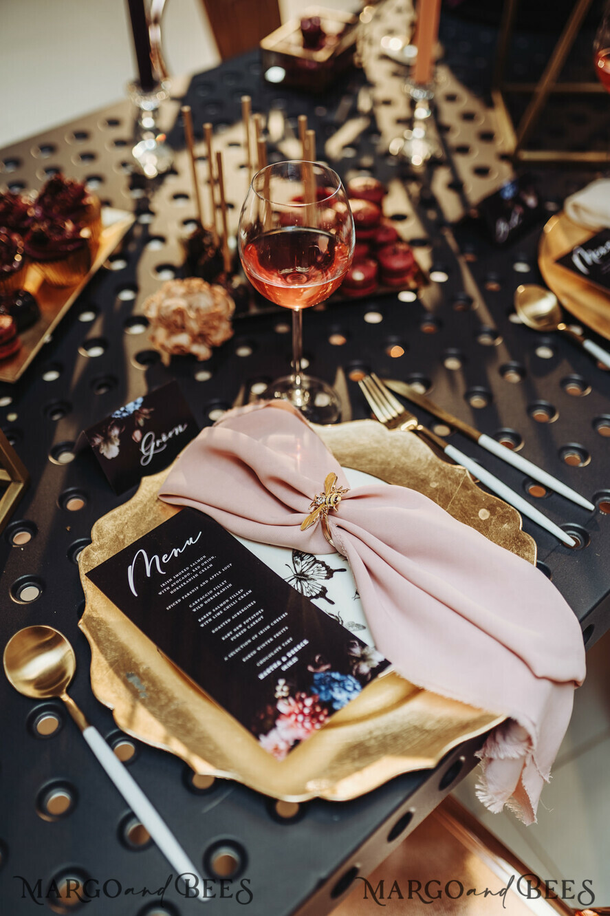 MENU & PROGRAMS romantic Minimalist Black Wedding Menu, Custom Bohemian Reception Dinner Menu, Romantic Floral Menu, Elegant Black Wedding Menu, Black and White Menu, Modern Black Menu