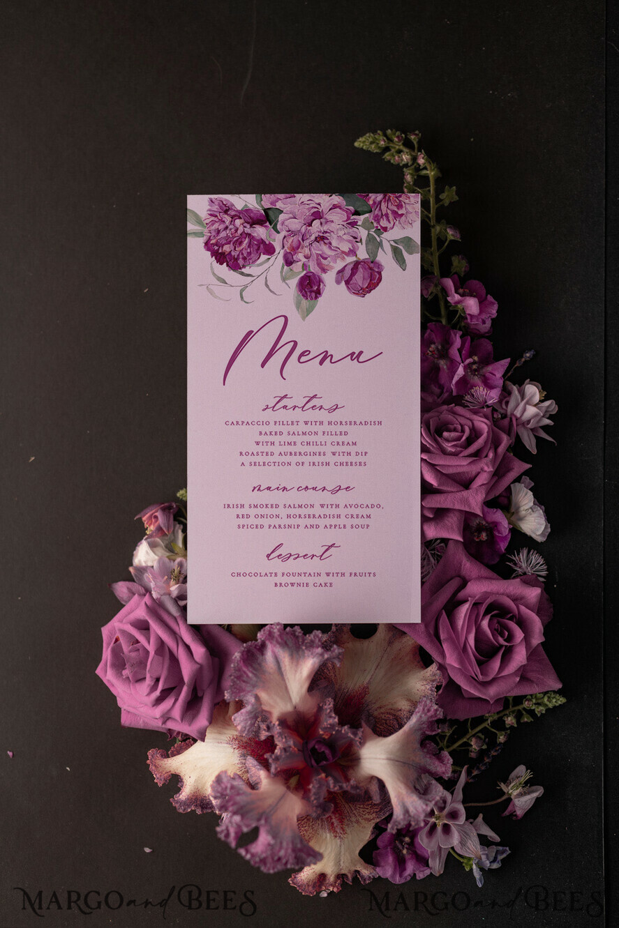 MENU & PROGRAMS romantic Romantic Peony Wedding Menu, Elegant Floral Boho Menu Card with Ribbon Bow, Modern Purple Wedding Dinner Menu, Handmade Vintage Floral Wedding Menu With Flower