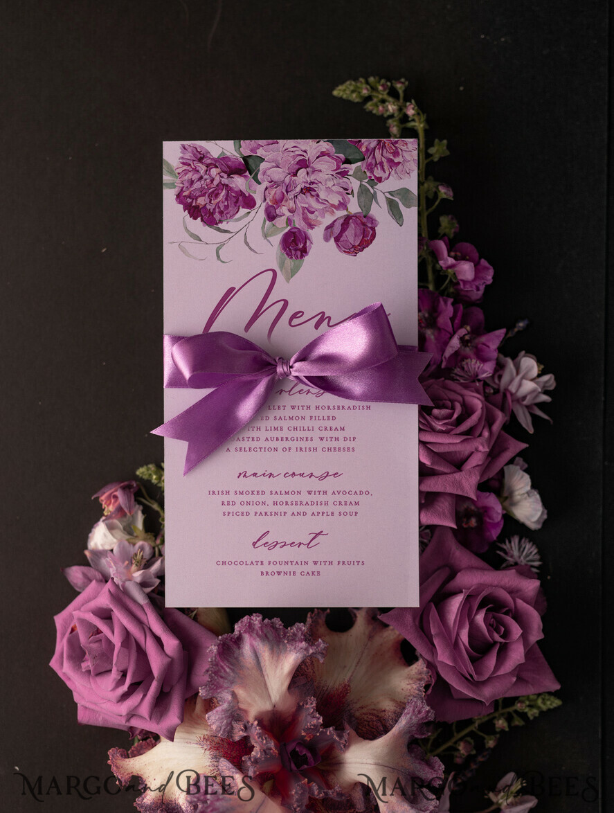 MENU & PROGRAMS romantic Romantic Peony Wedding Menu, Elegant Floral Boho Menu Card with Ribbon Bow, Modern Purple Wedding Dinner Menu, Handmade Vintage Floral Wedding Menu With Flower